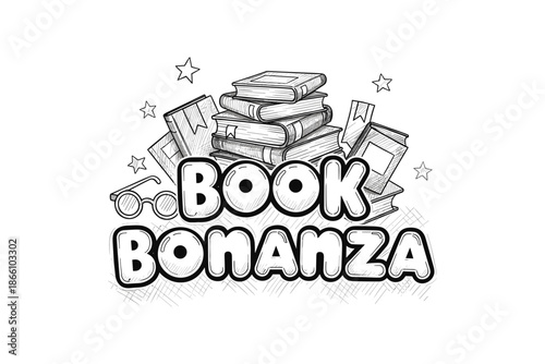 Retro book bonanza sketch with glasses and stars design for reading enthusiasts