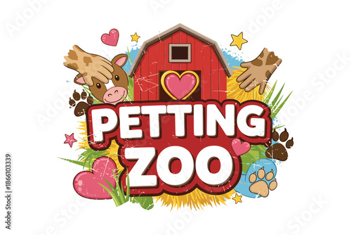 Petting zoo logo with cute barnyard design elements and playful animal illustrations