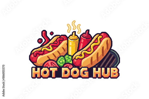 Colorful retro hot dog design with toppings and condiments