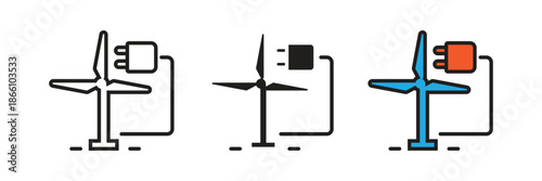 Windmill turbines with power plugs or eco-leaf symbols, symbolizing clean wind energy, sustainable electricity, renewable infrastructure, and green technology solutions.