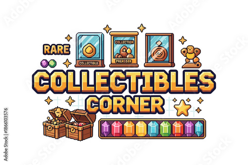 Pixel art collectibles: gems, coins, and treasure in retro style for gamers