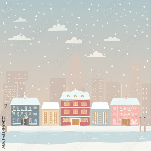 Paysage urbain enneigé avec maisons colorées et immeubles dans la brume, couleurs pastel