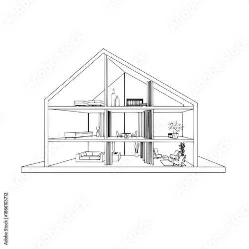 Minimal black-and-white illustration of a house cutaway with precise lines and intricate details, featuring a modern interior with sleek furniture and ample natural light, set against a plain backgrou