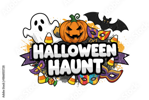 Spooky halloween haunt with pumpkin, ghost, and bats in cartoon style
