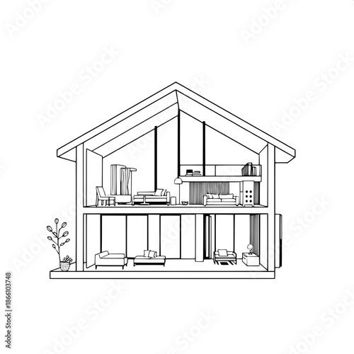 Minimal black-and-white illustration of a house cutaway with precise lines and intricate details, featuring a modern interior with sleek furniture and ample natural light, set against a plain backgrou