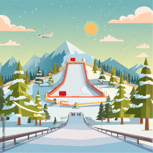 Station de glisse enneigée avec toboggan et chalet en paysage hivernal stylisé