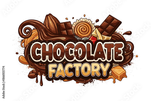 Chocolate factory emblem with cocoa beans and sweet treats in cartoon style design