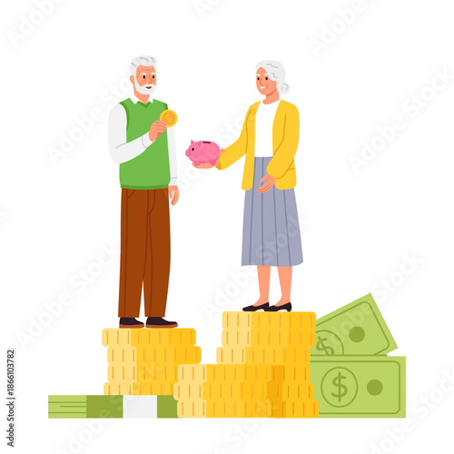 Vector illustration of pension fund. Cartoon scene, elderly pensioners, man and woman saving finances, piggy bank, piles of coins, dollar bills, isolated on white background. Pension investment.