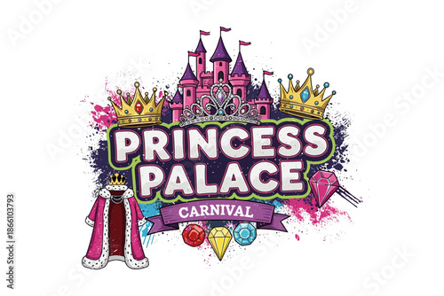 Colorful fantasy palace and jewels with crowns and castle for carnival theme