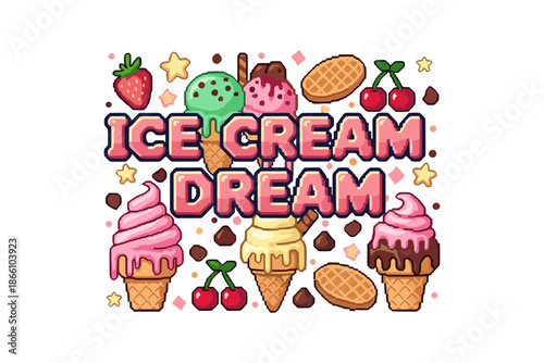 Ice cream dream with waffle cones, cherries, and strawberries in vibrant cartoon style
