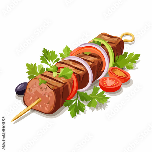 Brochette méditerranéenne grillée avec légumes et viande, herbes fraîches