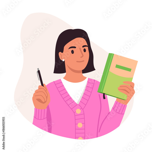 Vector illustration of a young woman keeping a personal organizer. Cartoon scene of a woman holding a pen and a notebook for planning various tasks isolated on a white background. Time management.