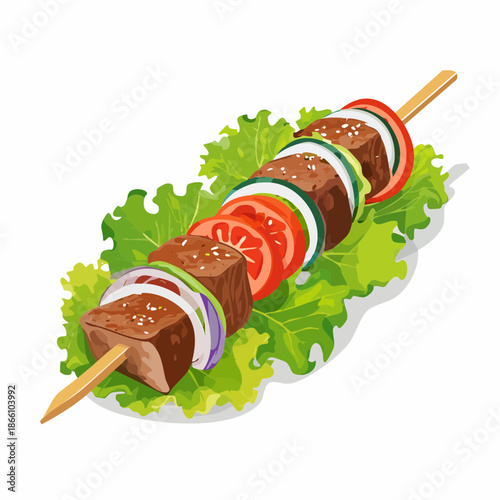 Brochette méditerranéenne grillée avec légumes et viande, herbes fraîches