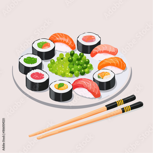 Assortiment de sushis traditionnels japonais avec baguettes sur fond blanc