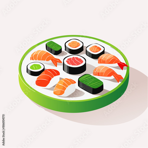 Plateau de sushis et  makis, cuisine Japonaise, isolé sur fond blanc