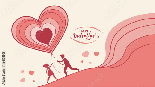 Happy Valentine's Day couple holding heart balloon on hill