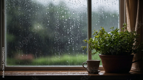 background of rainy winter day through the window