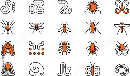 Medical insect and parasite icon set illustrating disease vectors, pests, and bugs in minimal outline style for healthcare education