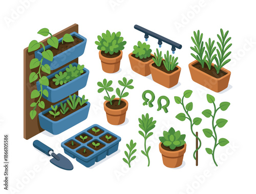 Gardening flat icons set. featuring plants, pots, herbs, seedlings, sprouts, and gardening tools