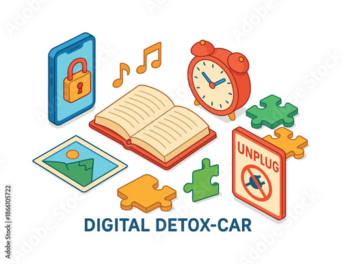 Digital detox isometric icon set. featuring smartphone, music, book, alarm, puzzle, unplug, and photo