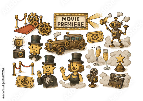 Movie premiere flat icon set. featuring camera, film reel, car, robot, red carpet, ticket, star, and champagne symbols