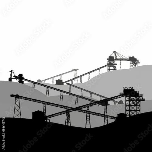 Industrial Conveyor Belt System Silhouette on Hilly Terrain.