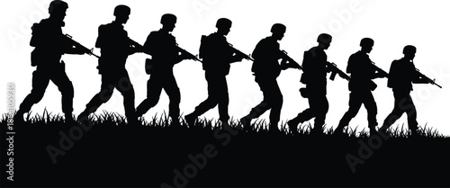 Military soldiers silhouettes marching in tactical patrol formation, armed infantry squad movement concept isolated on white background illustration