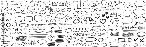 Hand drawn doodle elements collection. Arrows, speech bubbles, hearts, rainbows, clouds and scribble icons set.