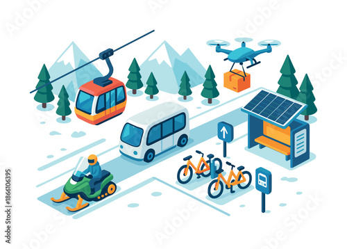 Transportation isometric icon set. featuring cable car, drone, van, bus stop, snowmobile, and bicycle symbols