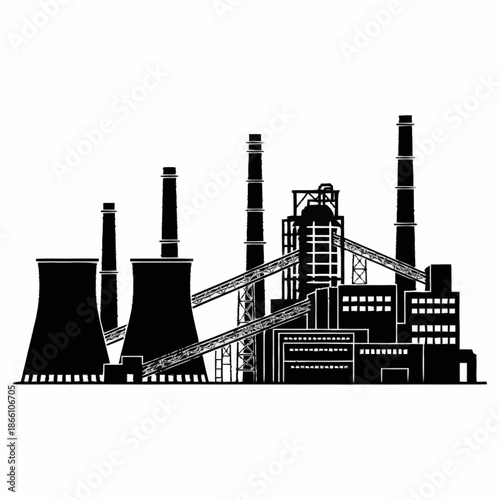Industrial factory silhouette with multiple chimneys and cooling towers.