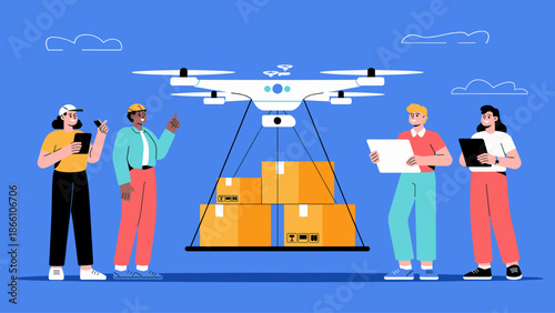 drone delivering packages to a logistics team flat vector illustration 