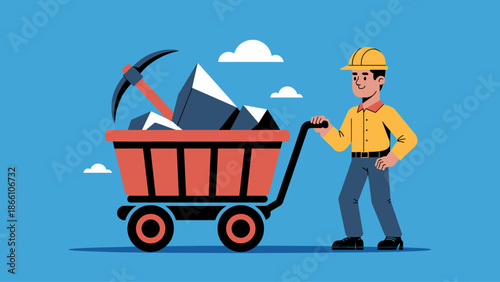 miner pushing a cart with ore and a pickaxe flat vector illustration