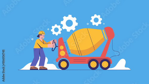 construction worker operating a concrete mixer flat vector illustration