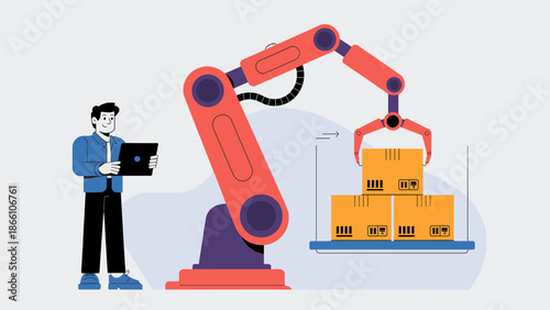 engineer with a tablet controlling a robotic arm stacking boxes vector illustration 