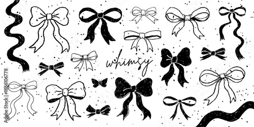 Collection of hand-drawn bows and ribbons in black and white for creative projects and designs