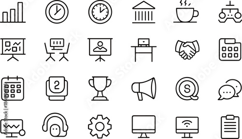 Minimal business and office line icon set illustrating meetings, time management, finance, communication, analytics, workflow, productivity outline symbols collection