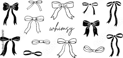 A charming collection of hand-drawn black and white bows, featuring various styles and intricate details perfect for decorative design elements