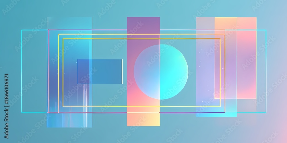 Fototapeta premium Abstract geometric shapes with a blue background featuring rectangles and a circle in soft pastel colors.