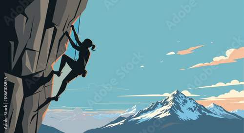 Determined woman rock climbing steep mountain with snowcapped peaks
