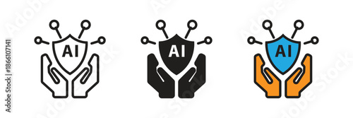 Shield icon with AI text supported by human hands. Represents ethical artificial intelligence, responsible tech development, and digital safety governance.