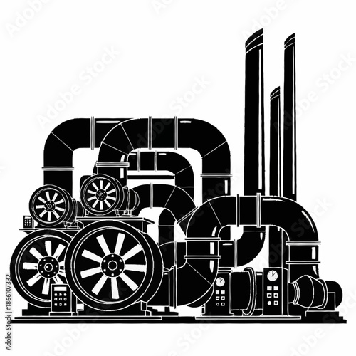 Industrial machinery with pipes and fans in a black and white illustration.