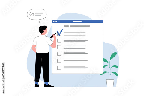 A man checks off a task on a large online checklist with a blue pen