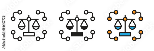 Digital justice scale icon surrounded by network connection points. Represents decentralized law, smart contracts, and legal technology in blockchain systems.