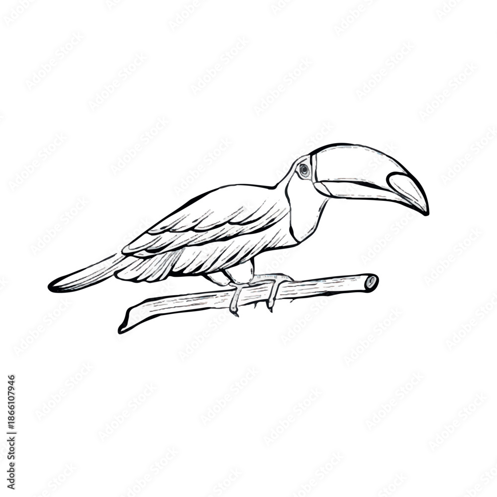 Fototapeta premium Minimalist vector line illustration of toucan bird sitting on branch, isolated on white background, clean tropical wildlife graphic ideal for logos, icons, posters, prints and modern design projects.