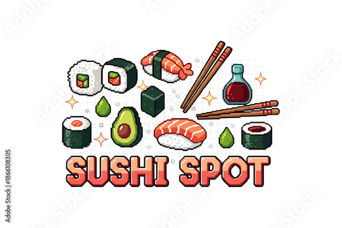Retro pixel art sushi design with avocado and soy sauce on grid background