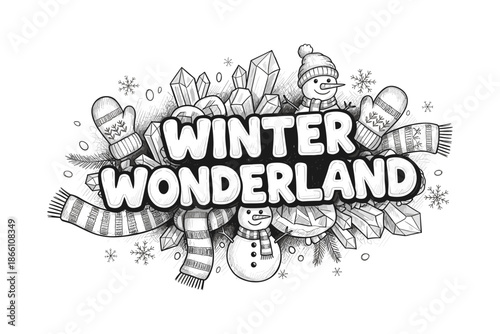 Black and white winter wonderland design with snowmen and mittens