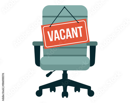 An office chair with a vacant sign hanging on it, indicating an empty job position.