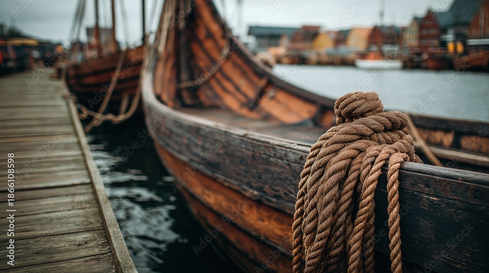 Obraz premium Coiled Rope on Wooden Longboat at Dock