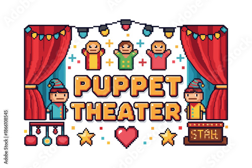 Retro pixel art puppet theater with colorful characters and stage elements