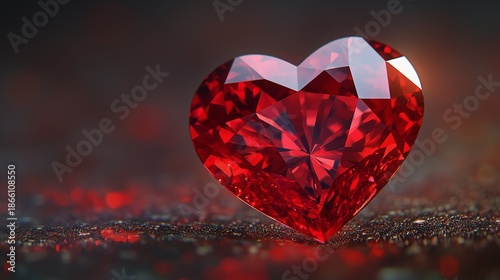 Red heart-shaped gemstone on glitter background. Faceted crystal close-up with bokeh lights, luxury jewelry concept, love and Valentine’s Day theme, copy space.